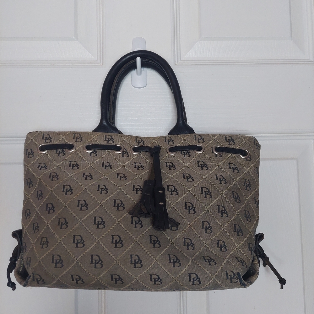 Dooney & Bourke Vintage Brown Black Signature Jacquard Tassel Satchel Handbag